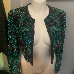 Vintage sequin jacket with green and black sequins and beads. Size M